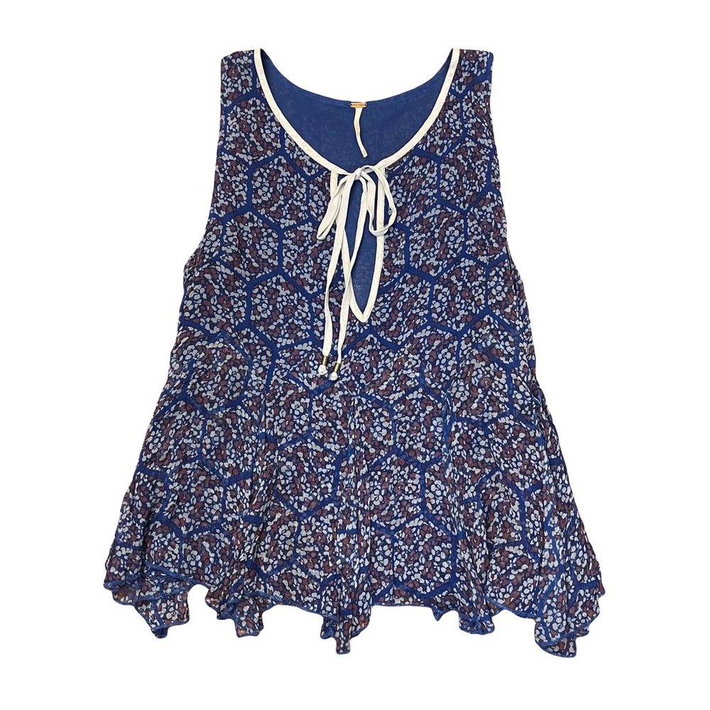 Free People Women XS Blue Floral Layered Crepe Tank Top Pleated Sheer Lined Boho